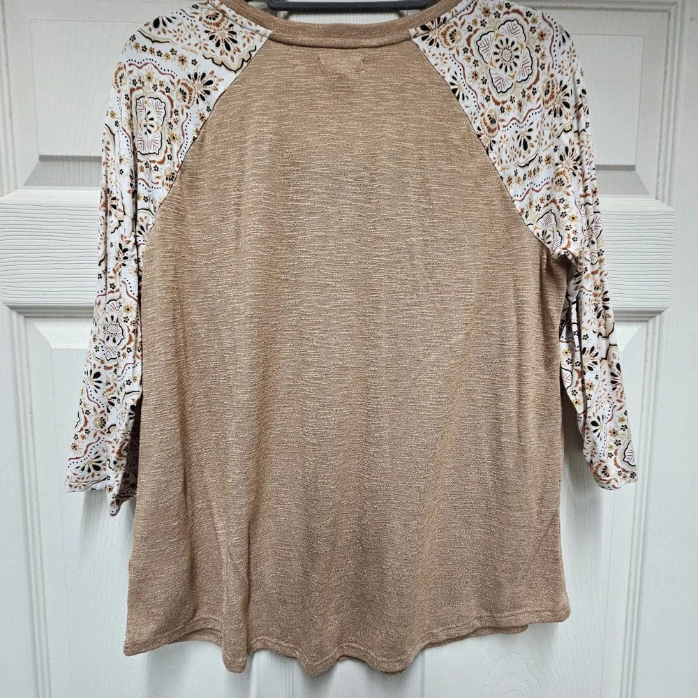 Maurices Brown Top with Patterned Sleeves - Picture 2 of 5
